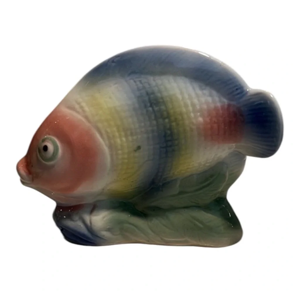 Ceramic Fish Figurine Coastal Nautical Beach Decor Blue Yellow Sculpture